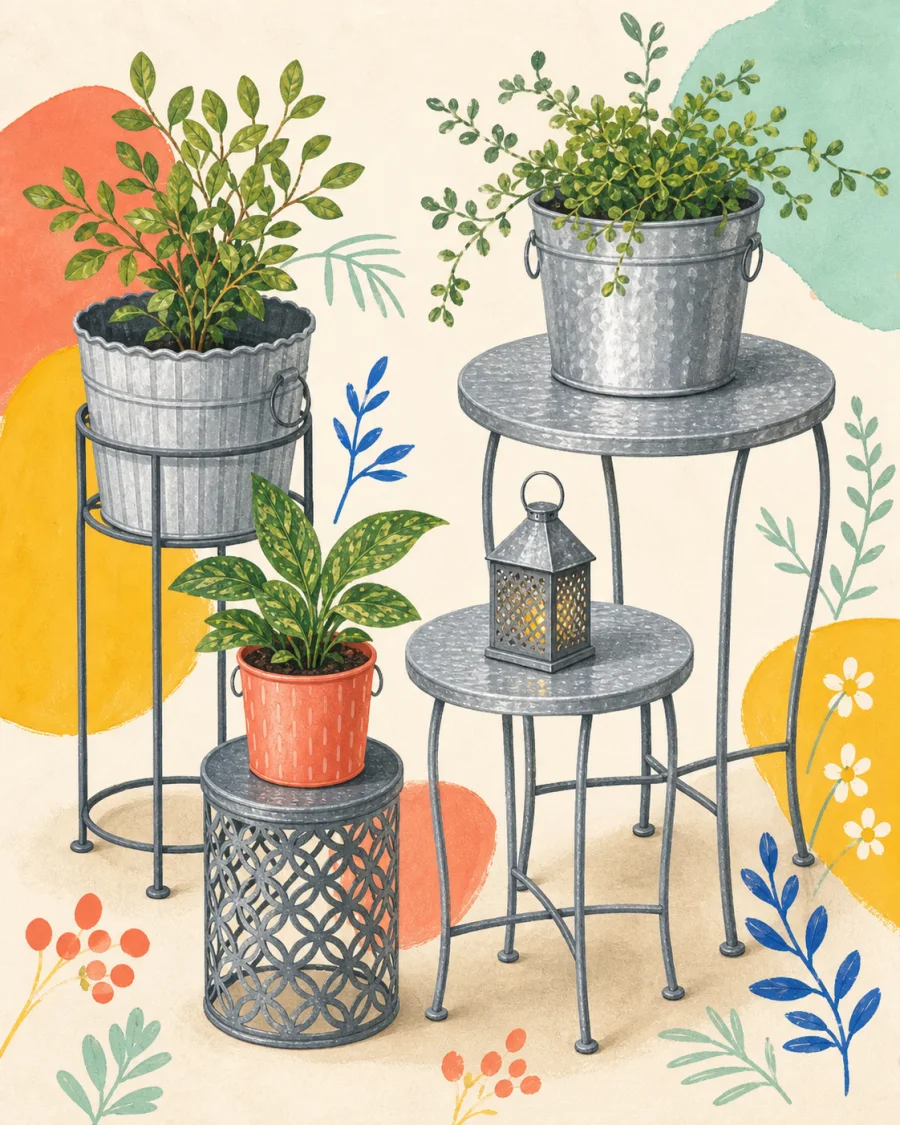 Playful illustrated collection of metal side tables, plant stands, planters and a lantern