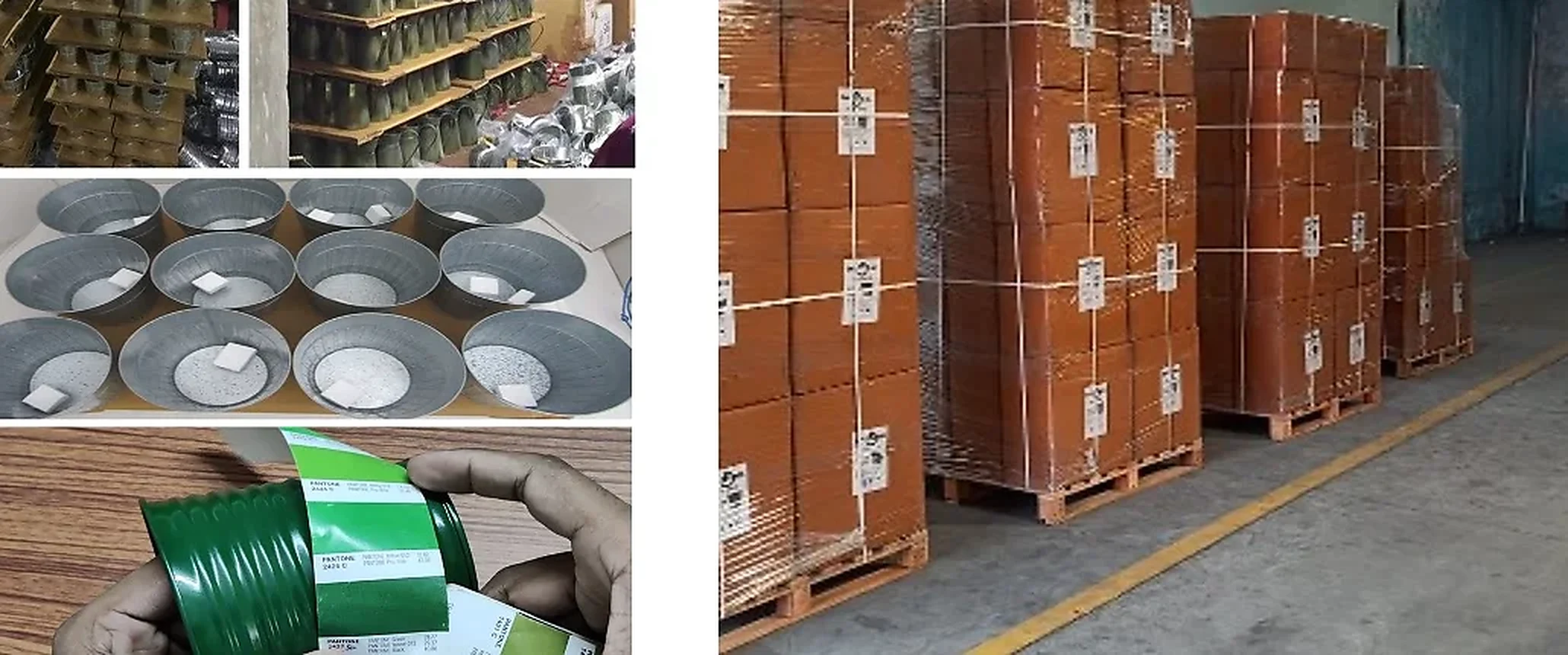 Finished Handikraft metalware and export cartons prepared on pallets