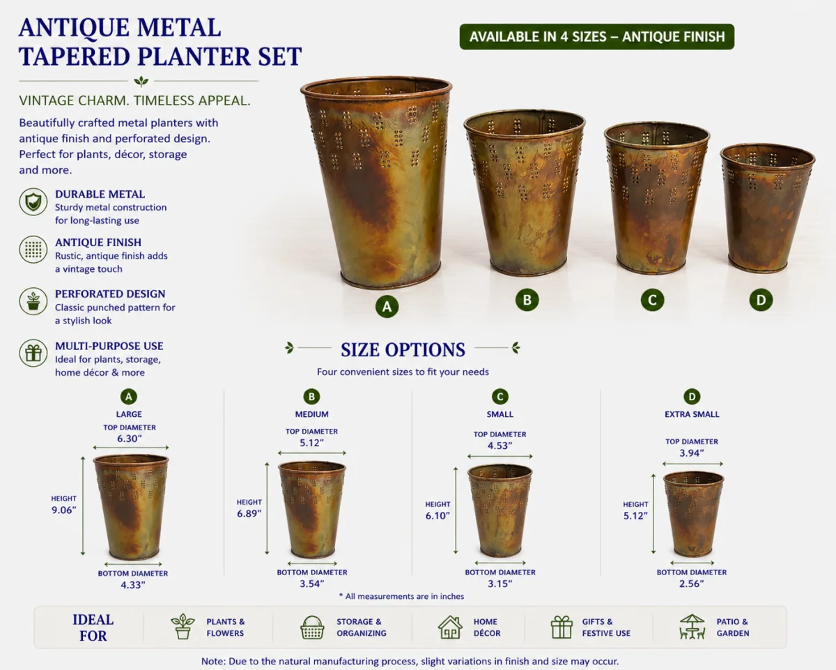 Antique finish tapered metal planter set of four for wholesale garden ranges, Handikraft SKU 202505GI26