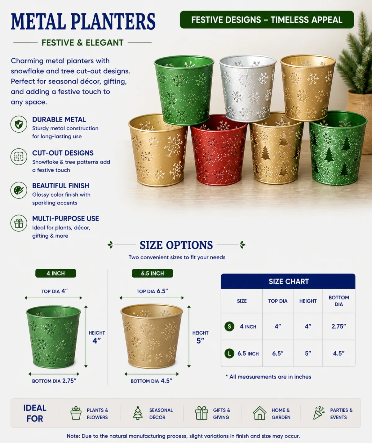 Colourful embossed metal planters in green, white, gold, red and black, Handikraft SKU 202505GI31