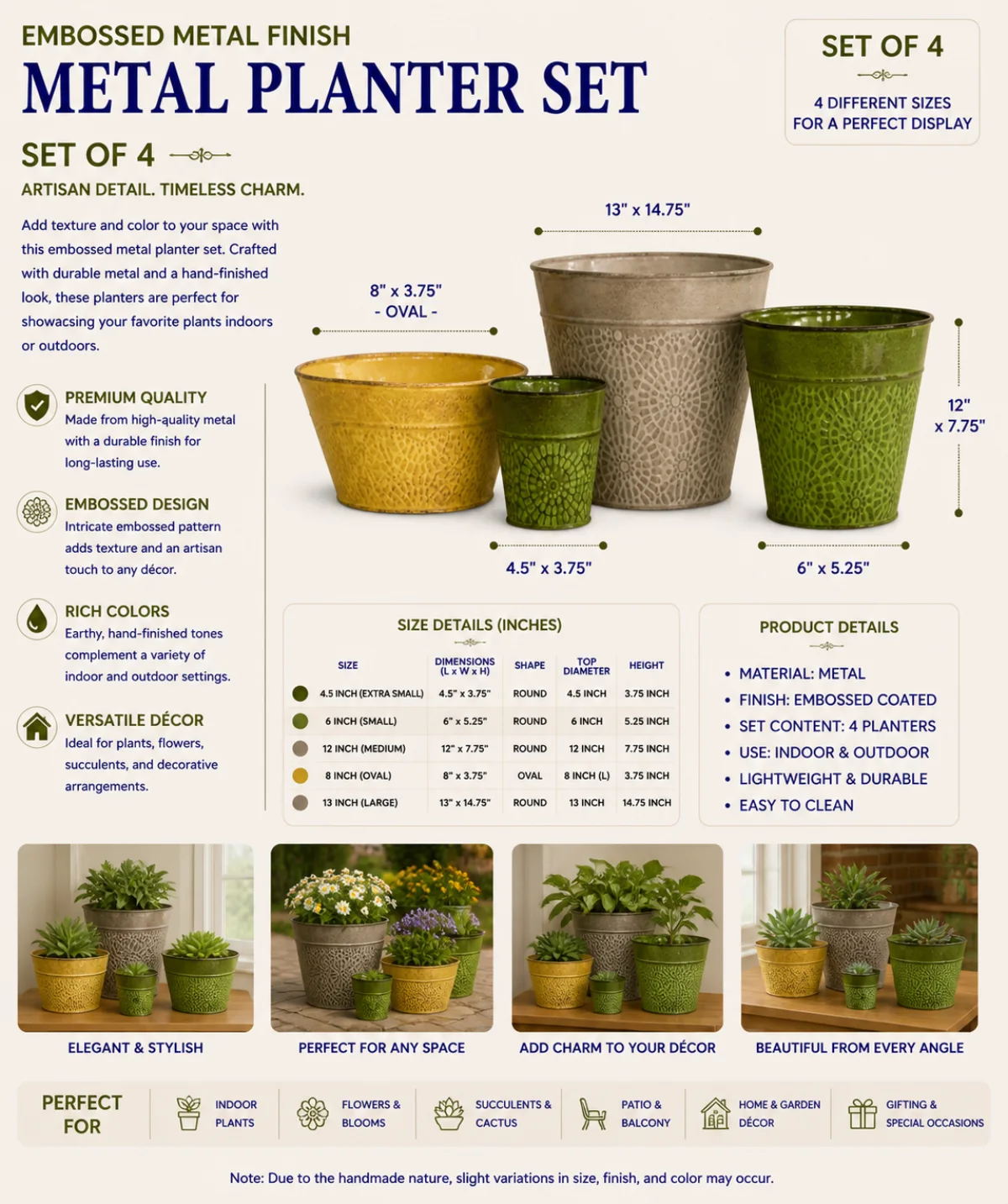 Embossed metal planter set of four in coordinated garden colours, Handikraft SKU 202505GI35