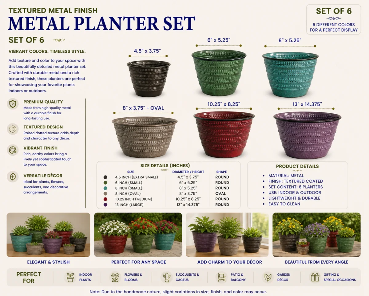 Textured metal planter set of six in mixed colours and shapes, Handikraft SKU 202505GI36